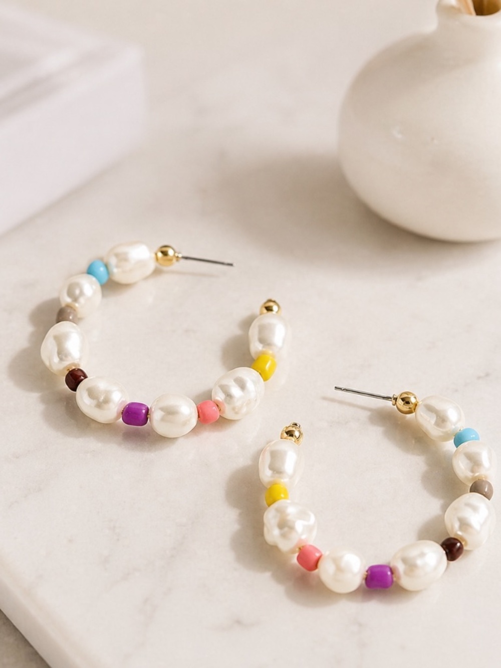 J.Crew Rainbow Beaded Faux Pearl Hoop Earrings | Colorful Resort Chic NWT